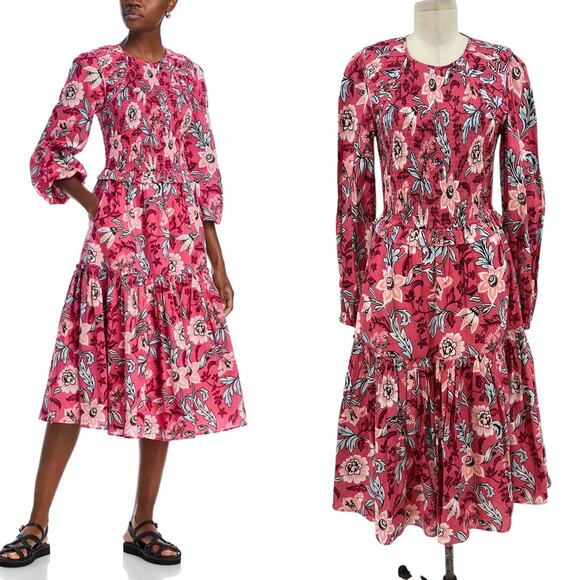 Banjanan Mortiz Dress Midi Smocked Floral Print Cotton Pink Size Small - Picture 1 of 14